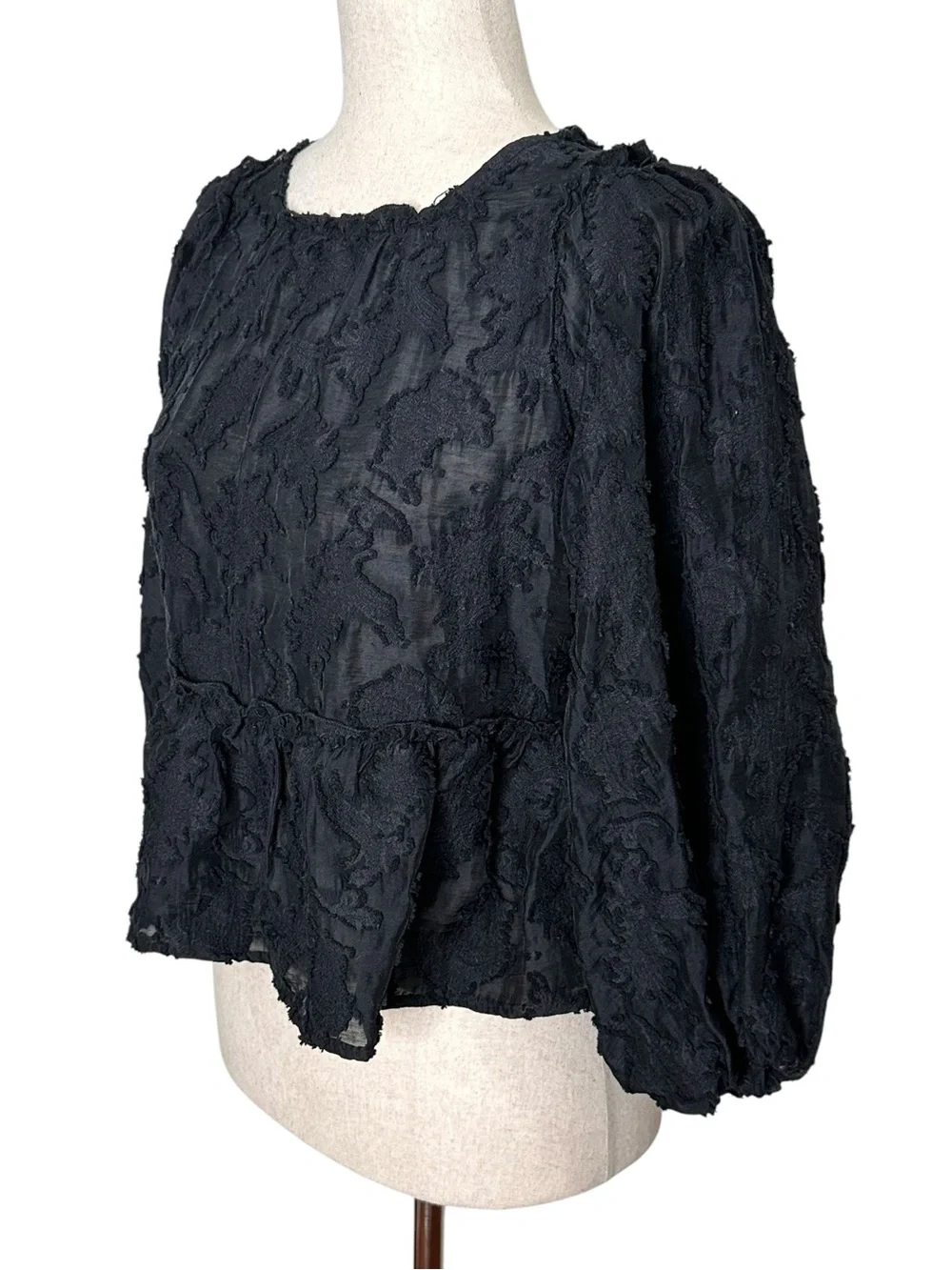 Free People Callie Black Textured Puff-Sleeve Peplum Blouse. Bohemian. Festival
